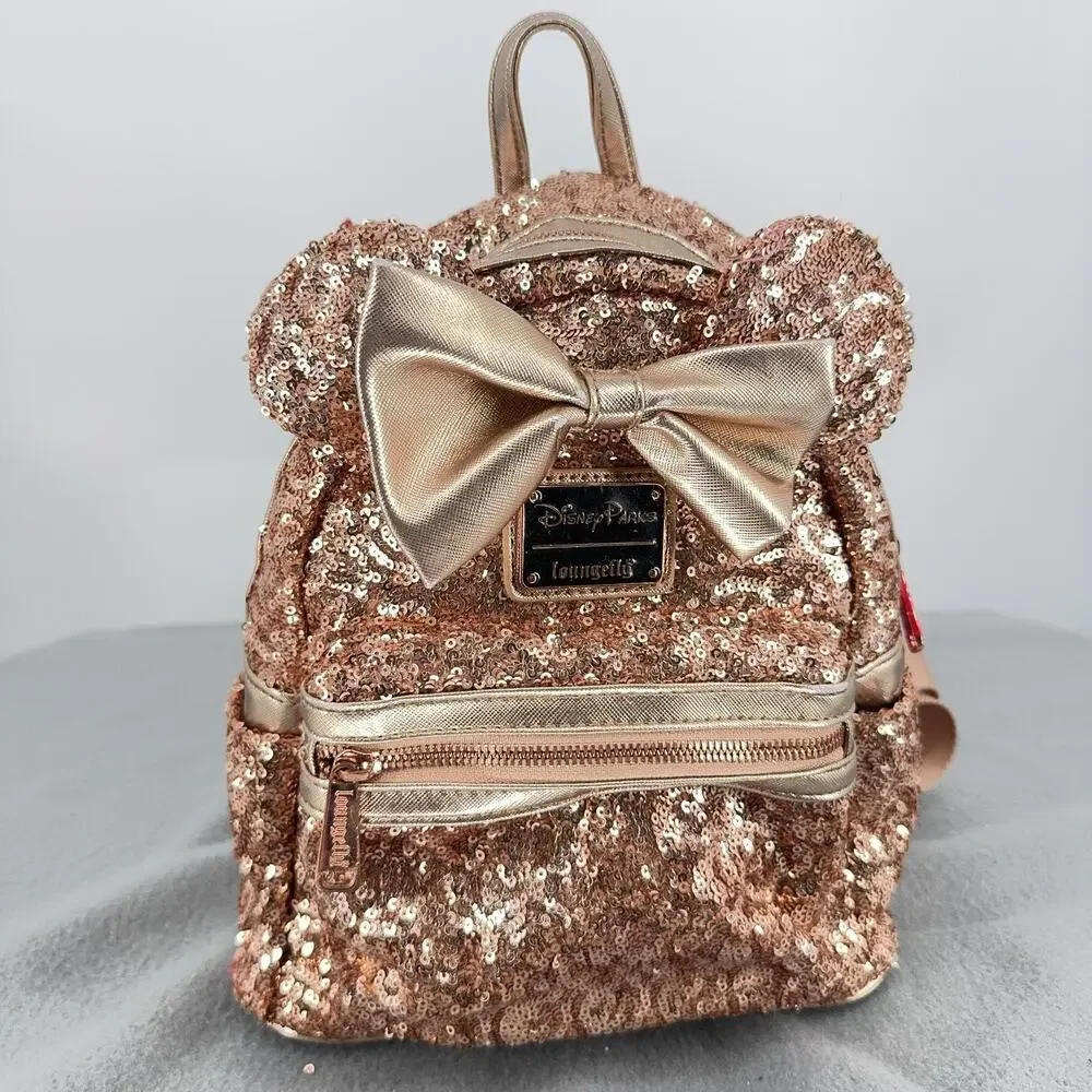 Loungefly Disney Parks Minnie Mouse Rose Gold Sequin Mini Backpack Bow 2019